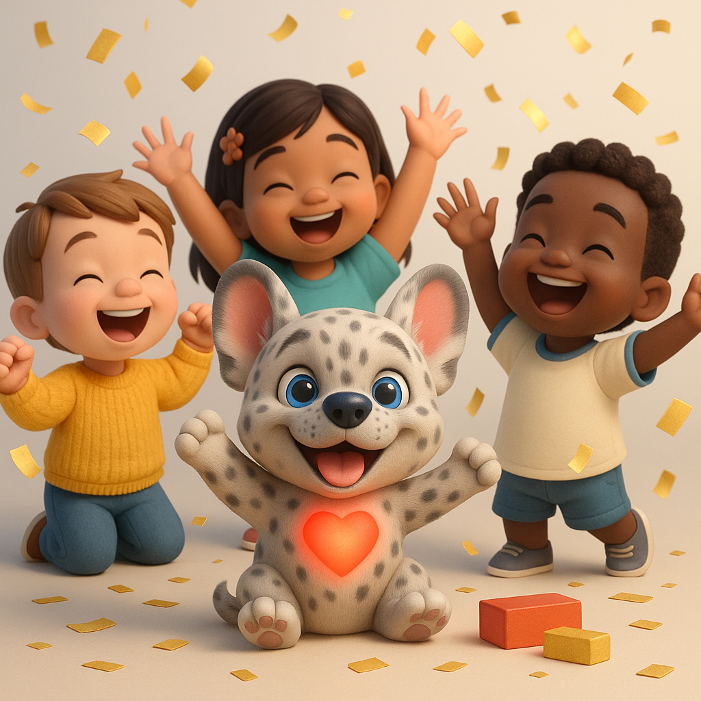 Lupo cheering a group achievement with friends